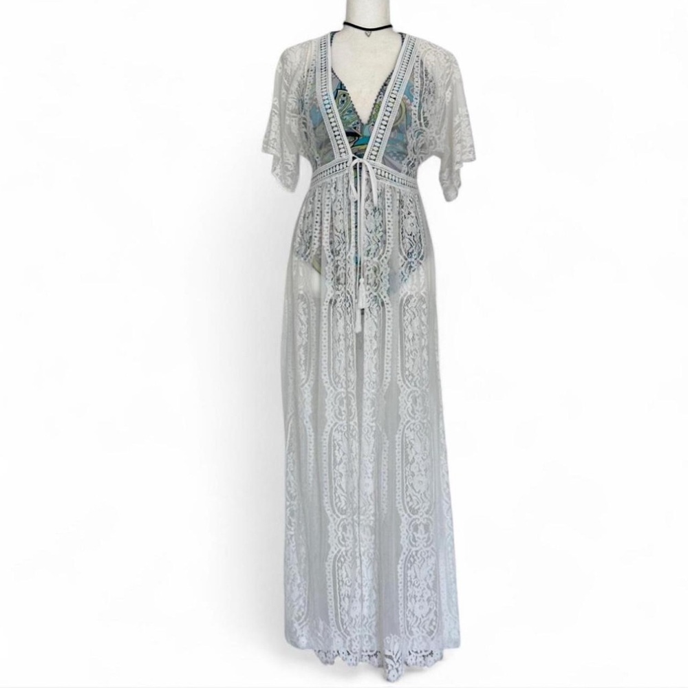 Aakaa Maci White Lace Swim Cover Up Kimono S